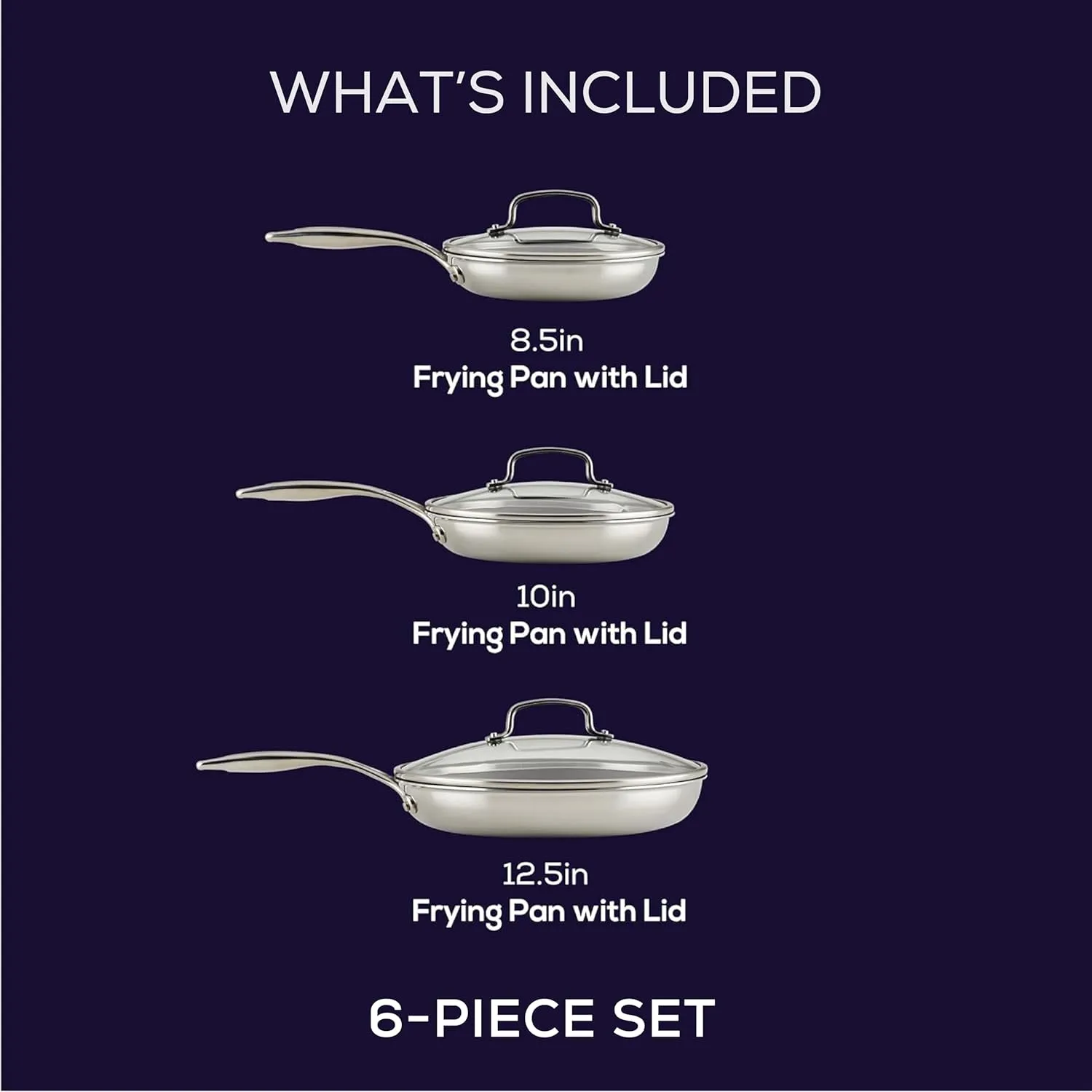 Circulon C1 Series Clad Stainless Steel with ScratchDefense Technology Cookware Nonstick Induction Frying Pans/Skillets with Lids, Metal Utensil Safe, 6 Piece Set - Polished Stainless Steel
