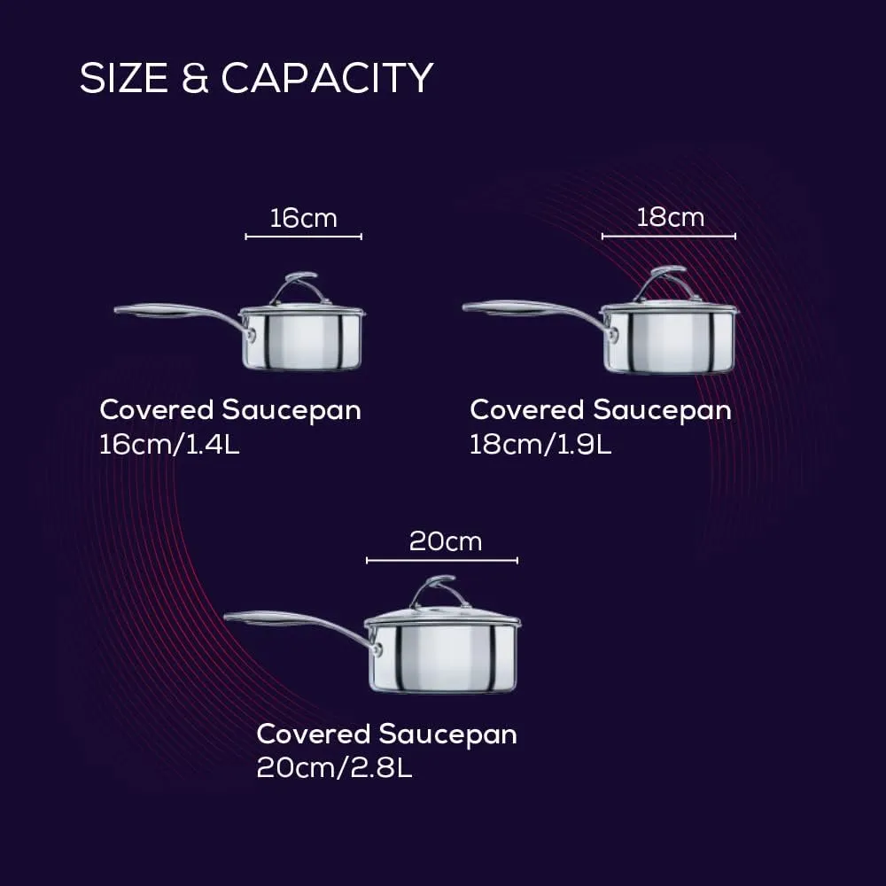 Circulon SteelShield C Series Stainless Steel Saucepan Set of 3, 16/18/20cm - Induction Saucepans with Lids - Hybrid Non Stick, Metal Utensil Safe & Dishwasher Safe Cookware