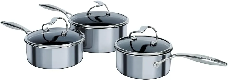 Circulon SteelShield C Series Stainless Steel Saucepan Set of 3, 16/18/20cm - Induction Saucepans with Lids - Hybrid Non Stick, Metal Utensil Safe & Dishwasher Safe Cookware