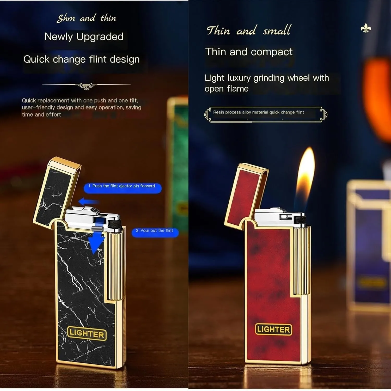 Classic Painted Flip-Top Butane Lighter, Retro Metal Slanted Flame Design, Old-Style Sliding Grinding Wheel, Refillable Gas Portable Lighters for Candle Camping (No Fuel Included)(Green2)