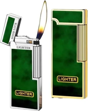 Classic Painted Flip-Top Butane Lighter, Retro Metal Slanted Flame Design, Old-Style Sliding Grinding Wheel, Refillable Gas Portable Lighters for Candle Camping (No Fuel Included)(Green2)