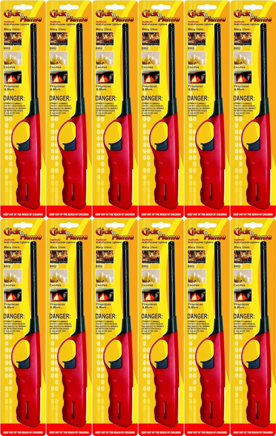 Click N Flame Lighter, Long Lighter for Candle Grill, Refillable Butane Lighter for Camping, BBQ Lighters Bulk - 12 Pack