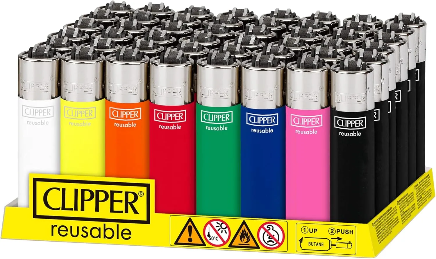 Clipper - Classic Large Reusable Lighter - Iconic Premium Refillable Lighters Bulk Pack - Replace Butane, Flint, and Spark Wheel for Unlimited Lights - 48 Pack - Assorted Solids