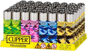 Clipper - Classic Large Reusable Lighter - Iconic Premium Refillable Lighters Bulk Pack - Replace Butane, Flint, and Spark Wheel for Unlimited Lights - 48 Pack - Camouflage