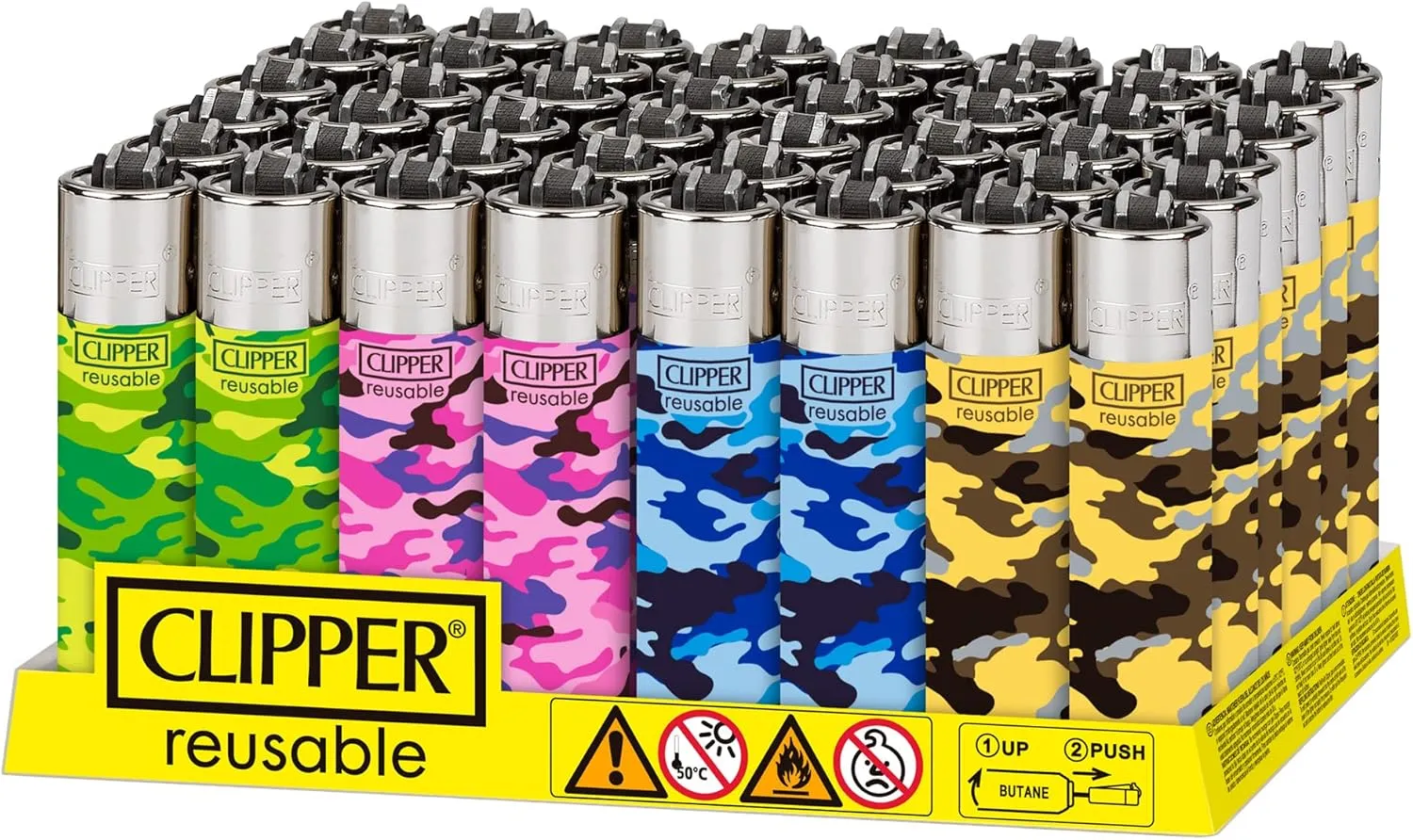 Clipper - Classic Large Reusable Lighter - Iconic Premium Refillable Lighters Bulk Pack - Replace Butane, Flint, and Spark Wheel for Unlimited Lights - 48 Pack - Camouflage
