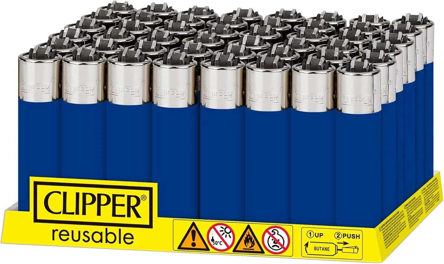 Clipper - Classic Large Reusable Lighter - Iconic Premium Refillable Lighters Bulk Pack - Replace Butane, Flint, and Spark Wheel for Unlimited Lights - 48 Pack - Solid Blue