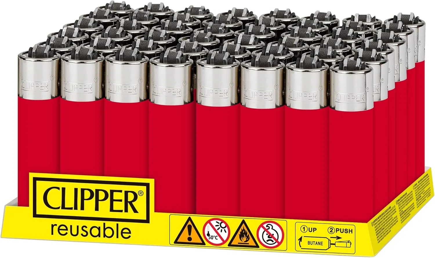 Clipper - Classic Large Reusable Lighter - Iconic Premium Refillable Lighters Bulk Pack - Replace Butane, Flint, and Spark Wheel for Unlimited Lights - 48 Pack - Solid Red