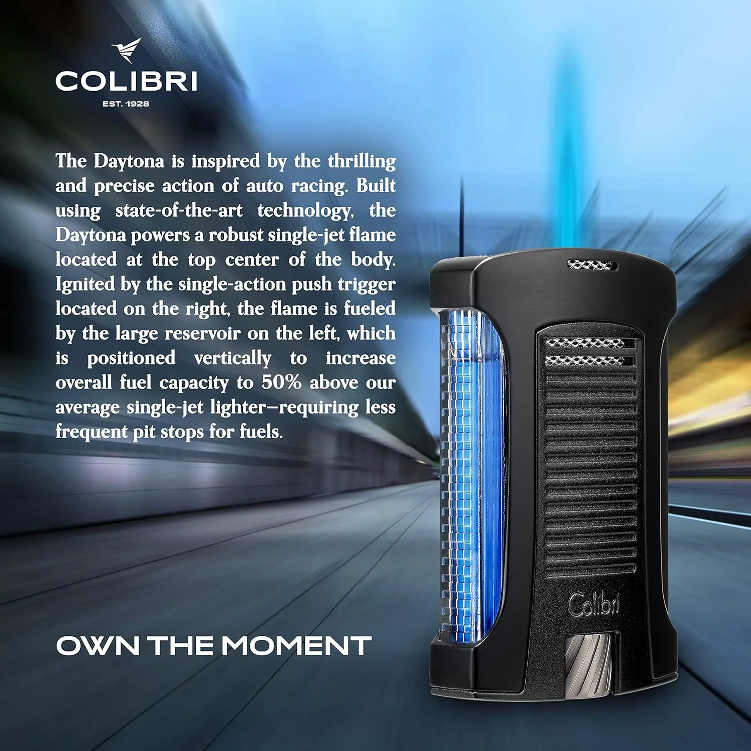 Colibri Daytona Windproof Butane Torch Lighter: Adjustable Flame, Refillable Single-Jet Cigar Lighter, Ergonomic Design with Fuel Window (Matte Black)