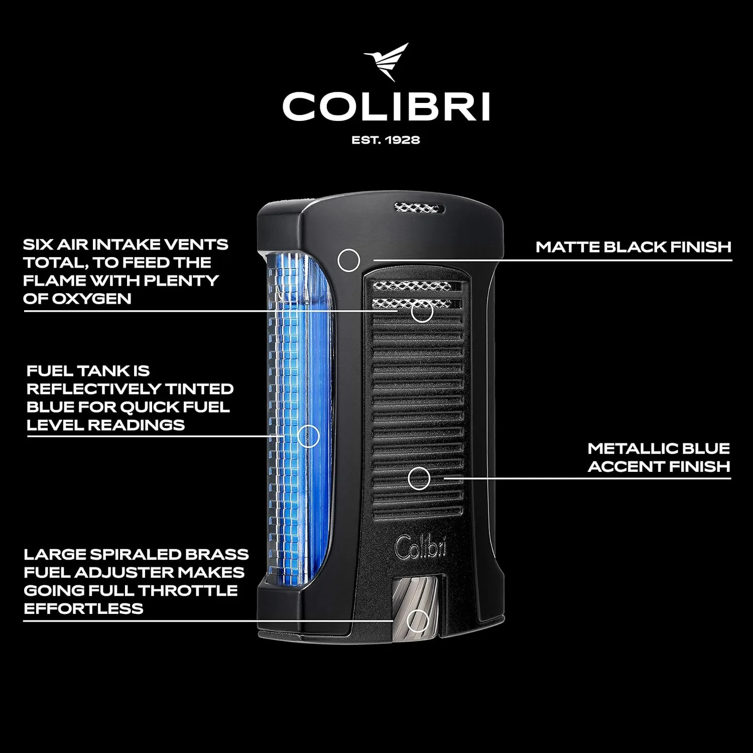 Colibri Daytona Windproof Butane Torch Lighter: Adjustable Flame, Refillable Single-Jet Cigar Lighter, Ergonomic Design with Fuel Window (Matte Black)