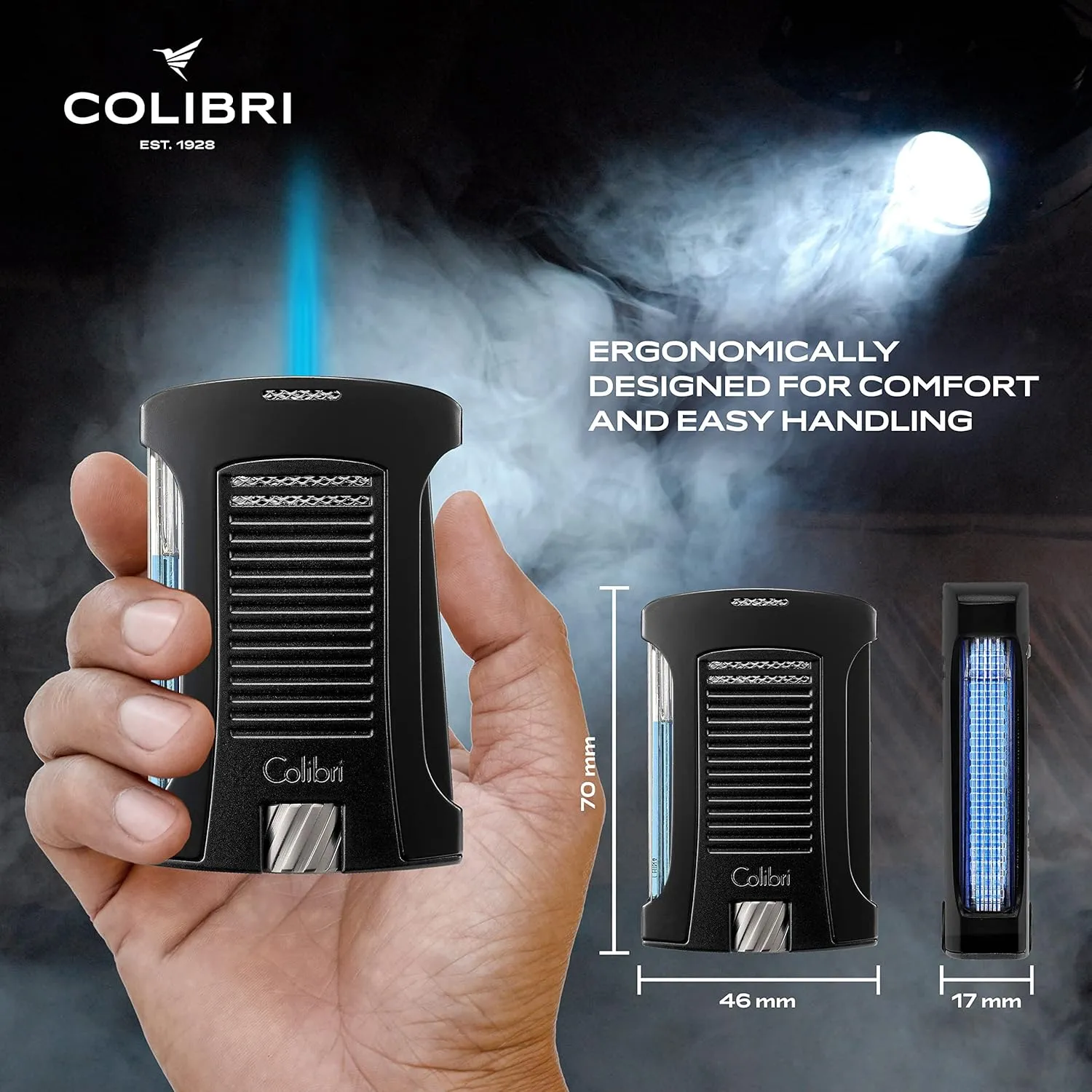 Colibri Daytona Windproof Butane Torch Lighter: Adjustable Flame, Refillable Single-Jet Cigar Lighter, Ergonomic Design with Fuel Window (Matte Black)