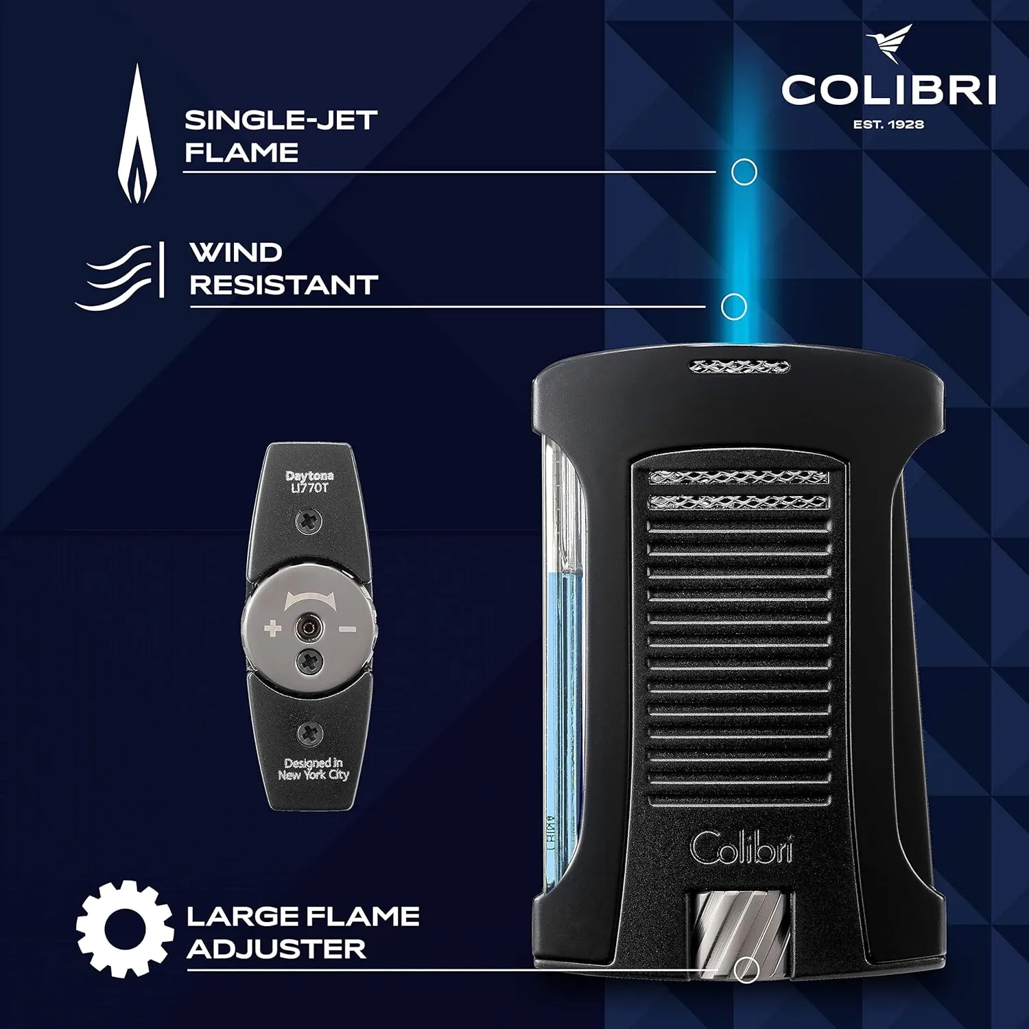 Colibri Daytona Windproof Butane Torch Lighter: Adjustable Flame, Refillable Single-Jet Cigar Lighter, Ergonomic Design with Fuel Window (Matte Black)