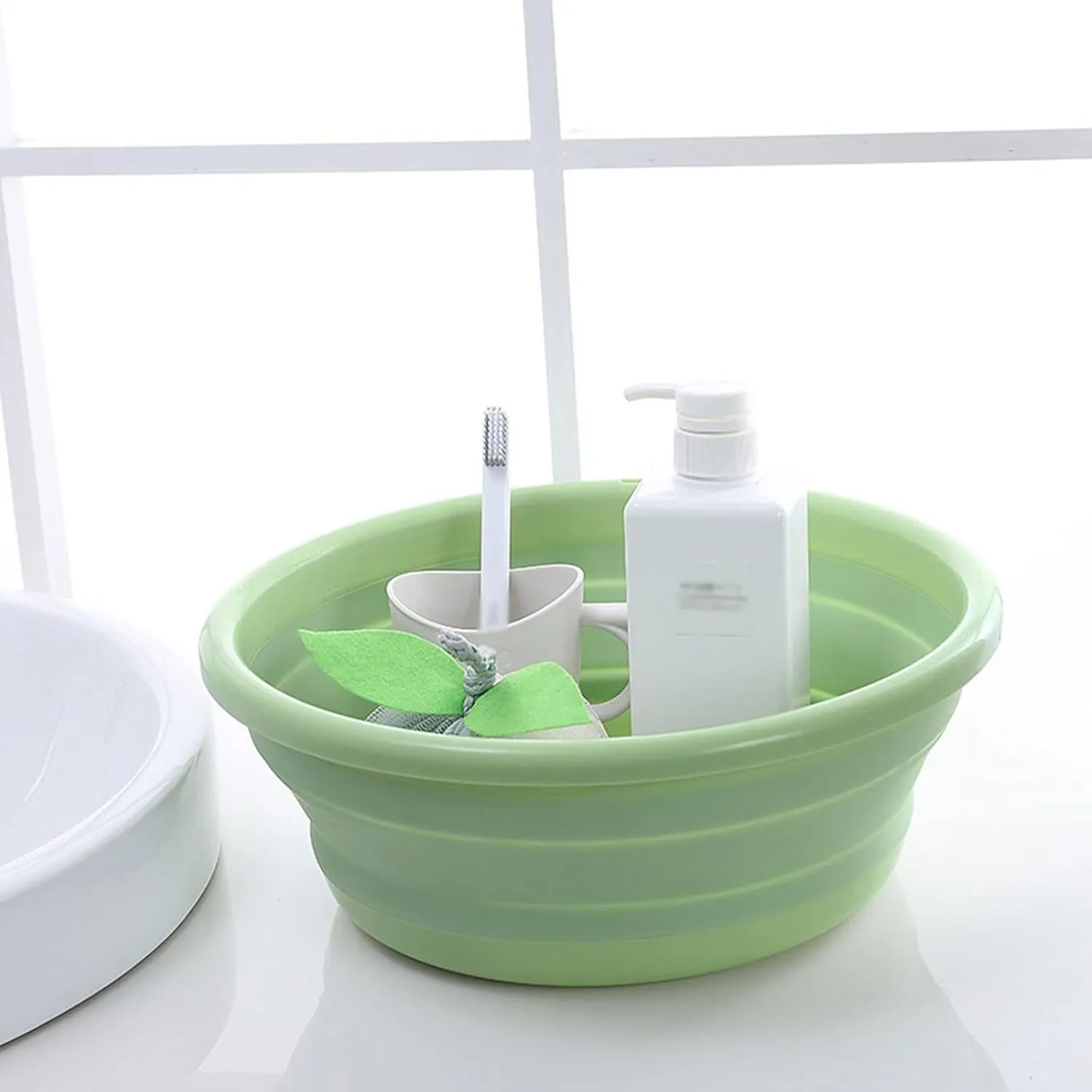 Collapsible wash Basin Collapsible Portable Wash Basin DishpanTravel Silicone Plastic Storage Basket Household Outdoor Student Dormitory Laundry Tub(Green,Medium)