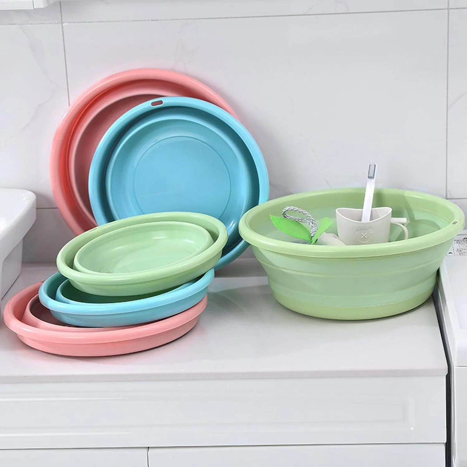 Collapsible wash Basin Collapsible Portable Wash Basin DishpanTravel Silicone Plastic Storage Basket Household Outdoor Student Dormitory Laundry Tub(Green,Medium)