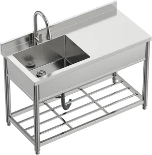 Commercial Sink with Drainboard, Stainless Steel Utility Sink with Pull-out Faucet, Free Standing Single Bowl Kitchen Sink with Workbench for Restaurant, Garage, Outoor, 21.7"D x 47.2"W x 37"H