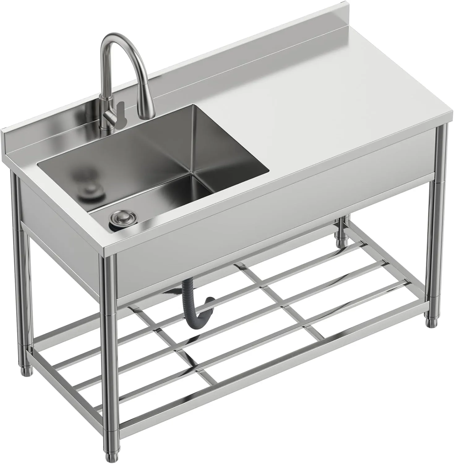 Commercial Sink with Drainboard, Stainless Steel Utility Sink with Pull-out Faucet, Free Standing Single Bowl Kitchen Sink with Workbench for Restaurant, Garage, Outoor, 21.7"D x 47.2"W x 37"H