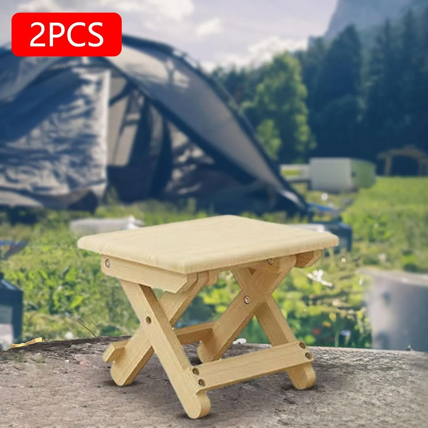 Compact Folding Wooden Stool, Garden Stool, Reinforced Cross Bar, Picnic Stool for Bedroom, 2 Piece