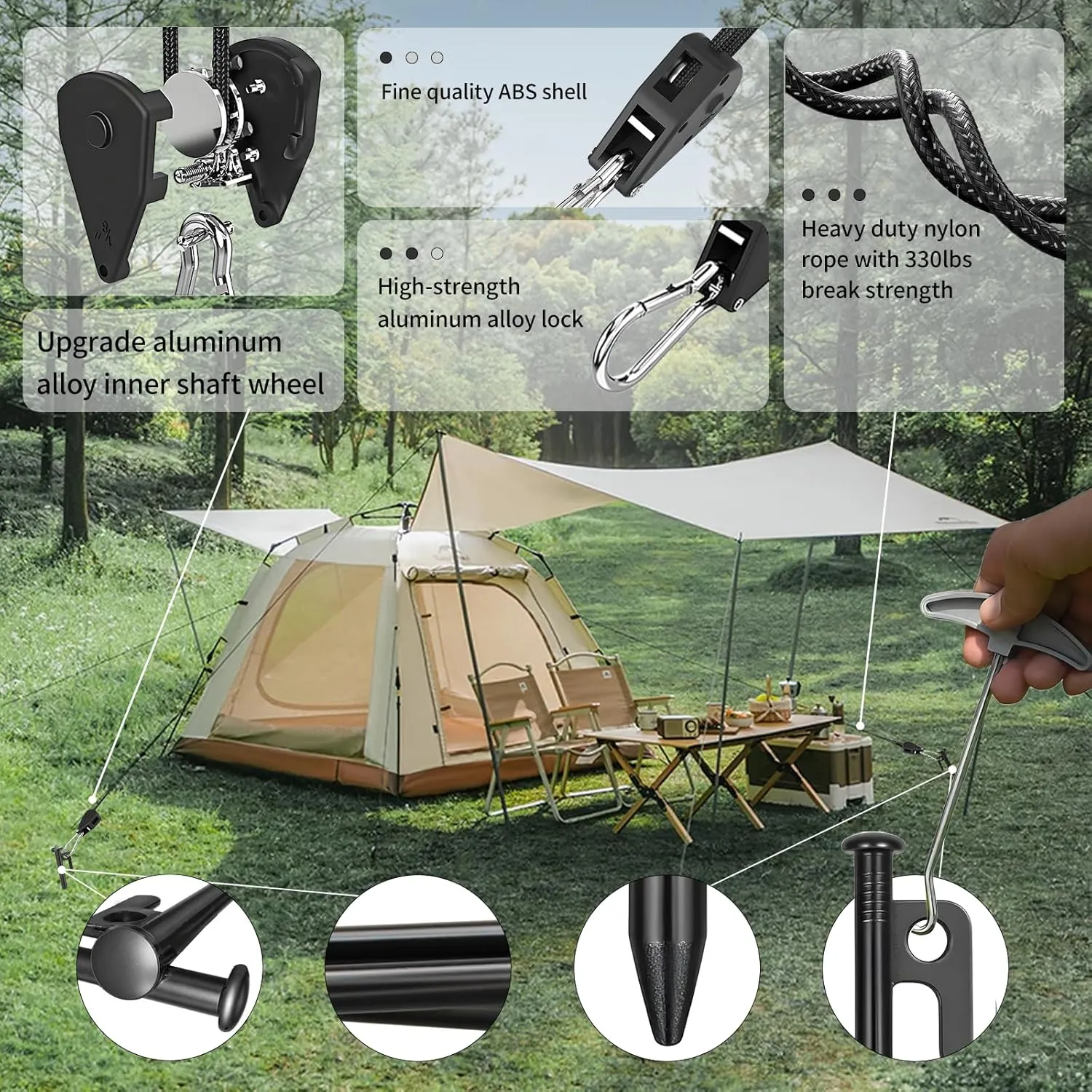 CONBOLA Camping Rope with Tent Stakes Set, 1/8" Adjustable Rope Hanger with Heavy Duty Metal Tent Pegs Tarp Straps Pulley System for Camping,Canopy,Kayak,Plants Grow Light.(4 Pack)