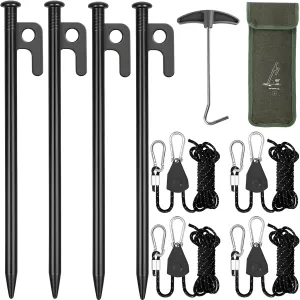CONBOLA Camping Rope with Tent Stakes Set, 1/8" Adjustable Rope Hanger with Heavy Duty Metal Tent Pegs Tarp Straps Pulley System for Camping,Canopy,Kayak,Plants Grow Light.(4 Pack)