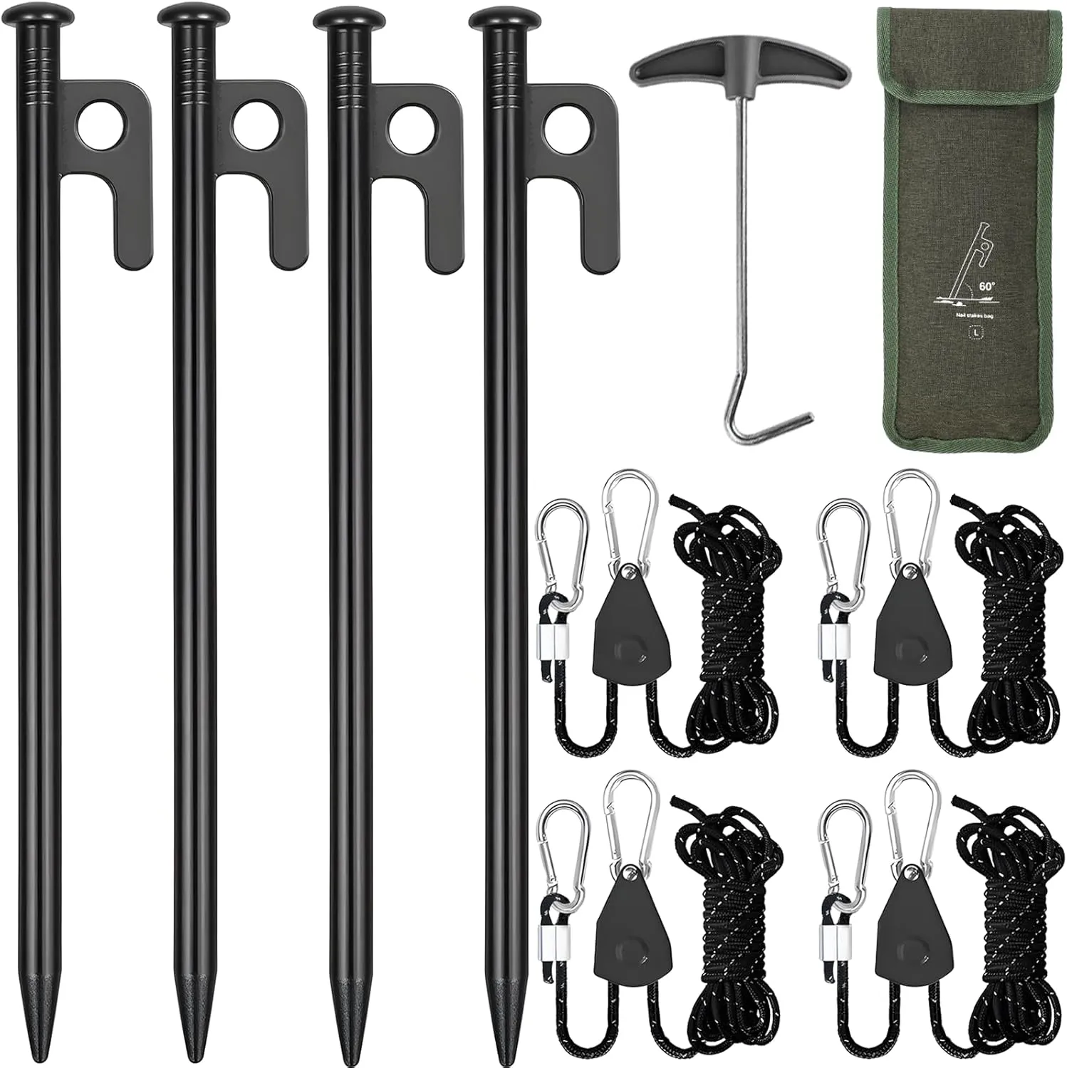 CONBOLA Camping Rope with Tent Stakes Set, 1/8" Adjustable Rope Hanger with Heavy Duty Metal Tent Pegs Tarp Straps Pulley System for Camping,Canopy,Kayak,Plants Grow Light.(4 Pack)
