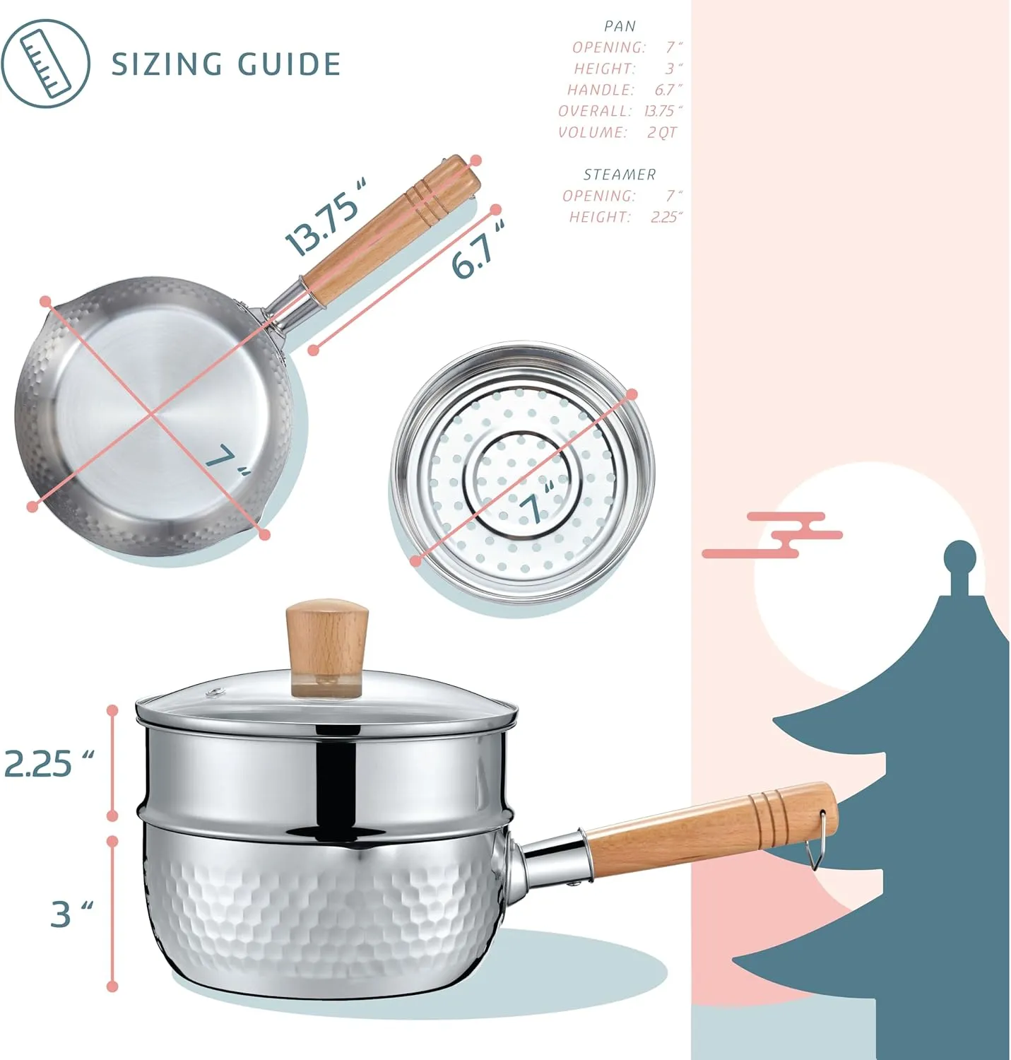 CONCORD 2 Quart Stainless Steel Yukihira Pan with Steamer. Traditional Japanese Saucepan with Wood Handle. Great for Ramen, Tempura pot, Milk, etc.