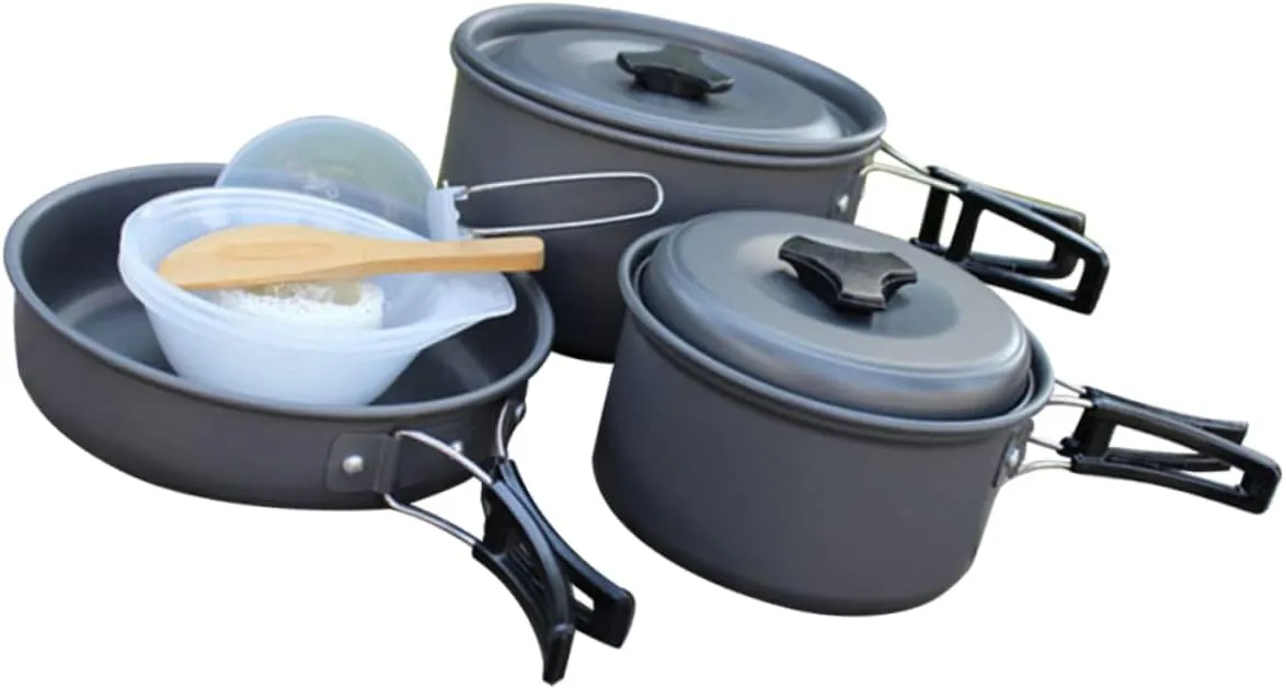 Cooking Equipment Set Portable Aluminum Camping Grill 2-Pot Set Frying Pan Utensils Mesh Bag for Hiking BBQ