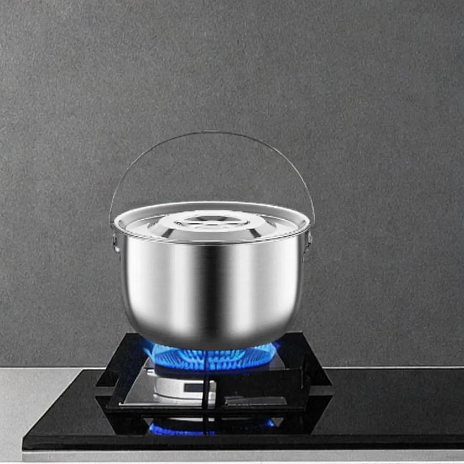 Cooking Pot Stainless Steel Camping Pot Container with Handle and Lid for Restaurant Cooking Party Home, 5.0L