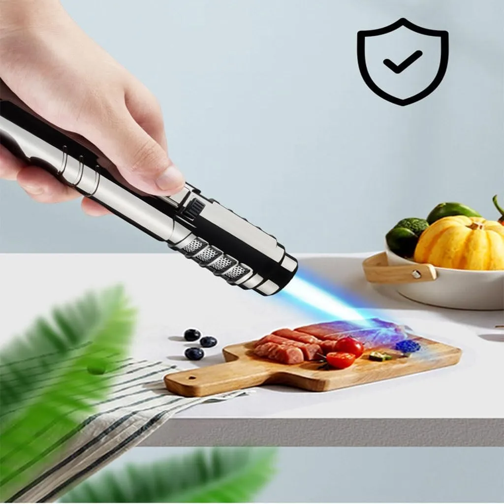 Cooking Windproof Butane Lighter, Refillable Gas Lighter, Metal Portable Lighter for BBQ Candle Camping (Butane Gas Not Included)(Black)