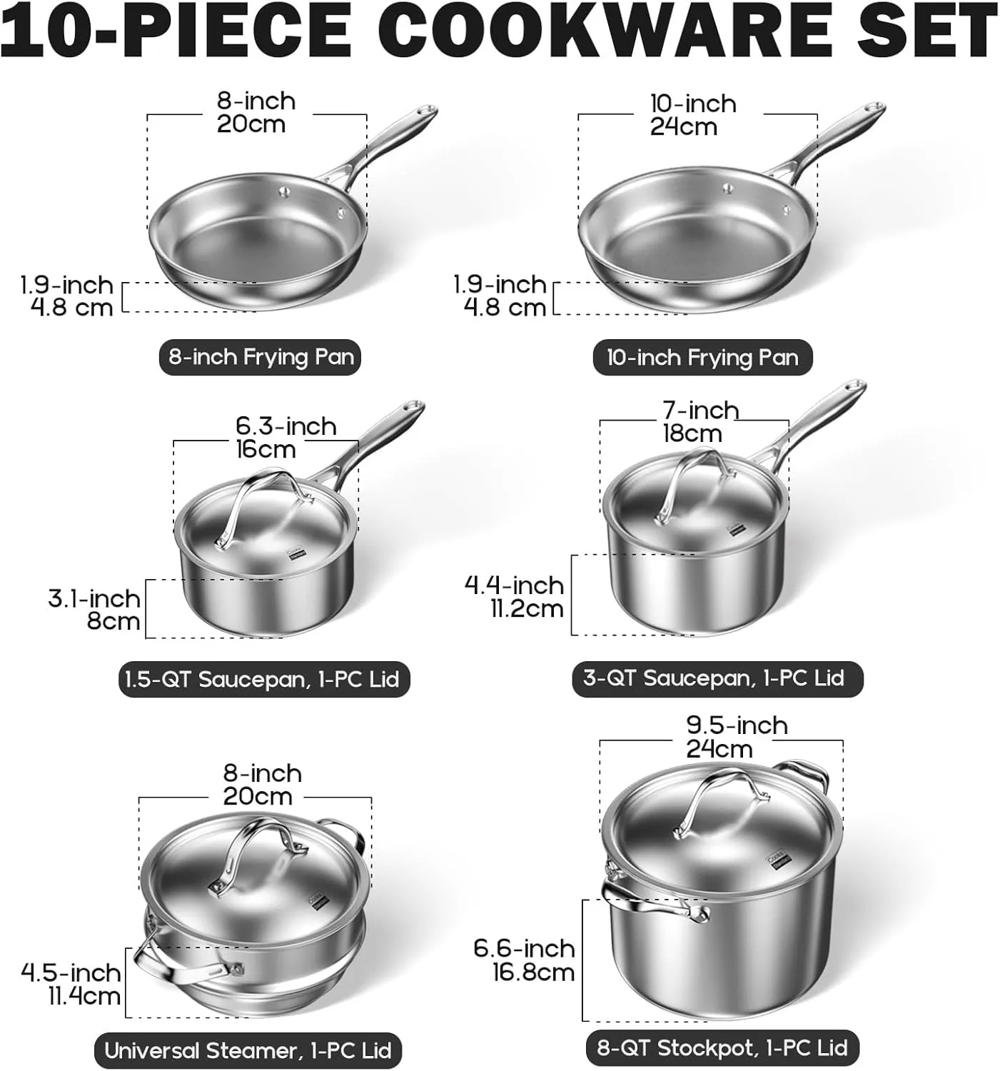 Cooks Standard Stainless Steel Kitchen Cookware Sets 10-Piece, Multi-Ply Full Clad Pots and Pans Cooking Set with Stay-Cool Handles, Dishwasher Safe, Oven Safe 500°F, Silver