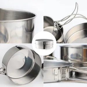 Cookware, Outdoor Stainless-Steel Camping Cookware Set Hiking Backpacking Cooking Picnic Bowl Pot Set, Silver