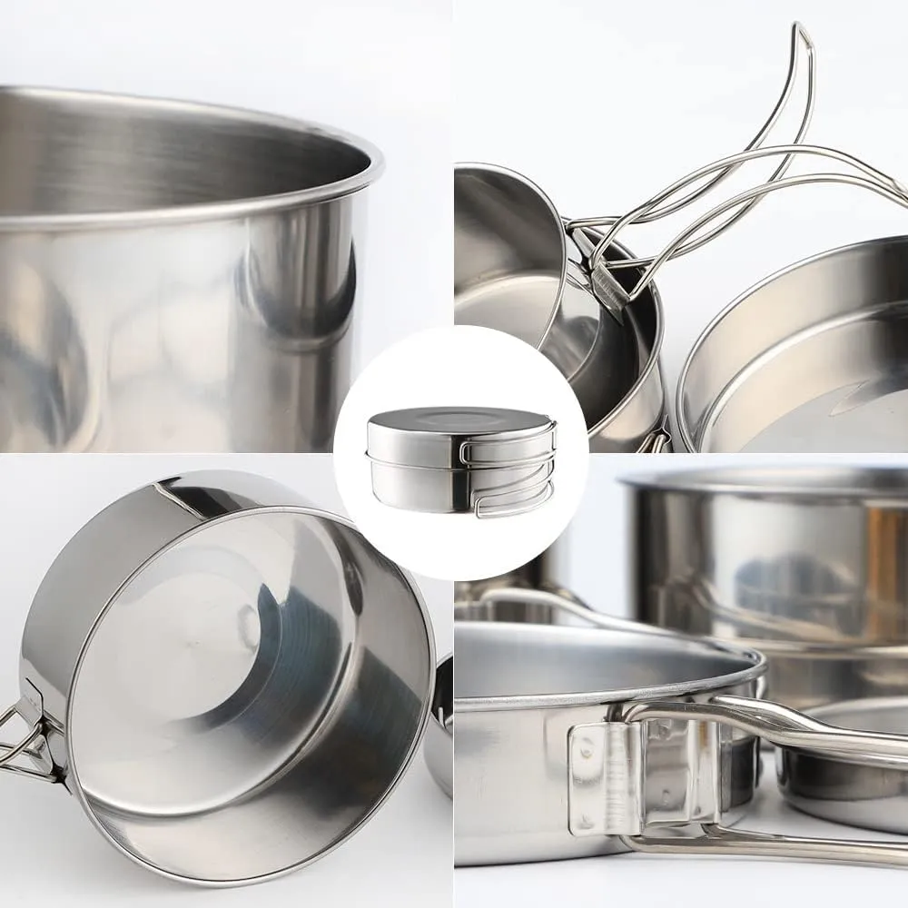 Cookware, Outdoor Stainless-Steel Camping Cookware Set Hiking Backpacking Cooking Picnic Bowl Pot Set, Silver