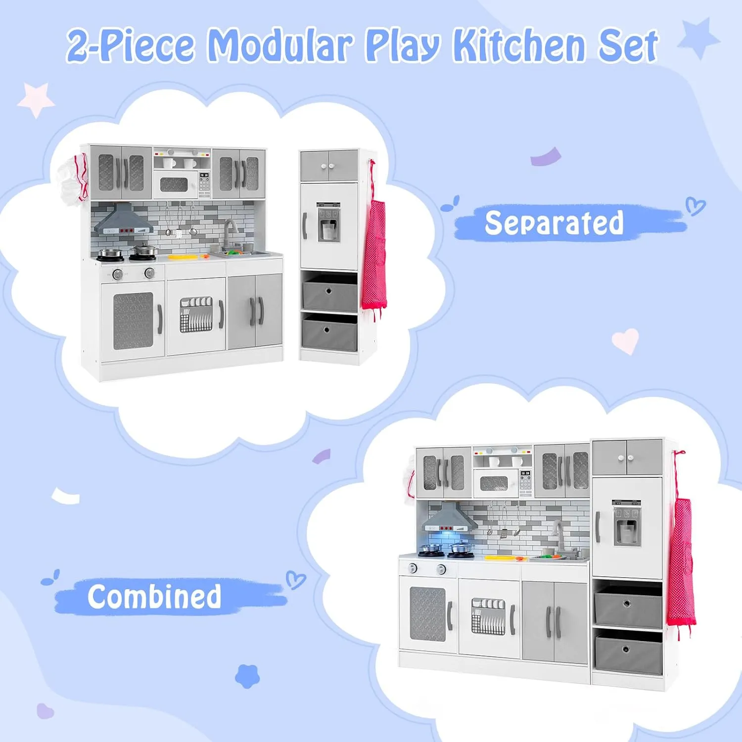 Costzon 2-Piece Kids Kitchen Playset, Wooden Play Kitchen with Water Circulation, Lights and Sounds, Range Hood, Ice Maker, Interactive Toy Kitchen & Play Refrigerator for Kids Toddlers Ages 3  (Gray)