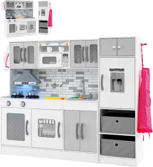 Costzon 2-Piece Kids Kitchen Playset, Wooden Play Kitchen with Water Circulation, Lights and Sounds, Range Hood, Ice Maker, Interactive Toy Kitchen & Play Refrigerator for Kids Toddlers Ages 3  (Gray)