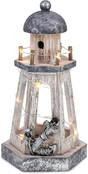 CoTa Global Silver Sea Nautical Wooden Lantern Lighthouse With LED Lights - Table Top Centerpiece Coastal Decor For Home, Beach House, Rustic Decorative Lamp with Boat Anchor - Handmade Color May Vary