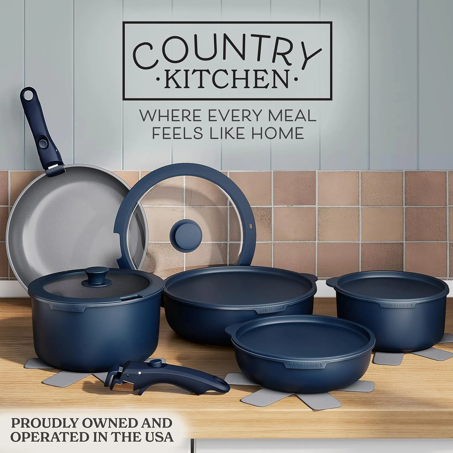 Country Kitchen Cookware Set with Removable Handle, Oven & RV Safe Pots and Pans Set, Denim, Original