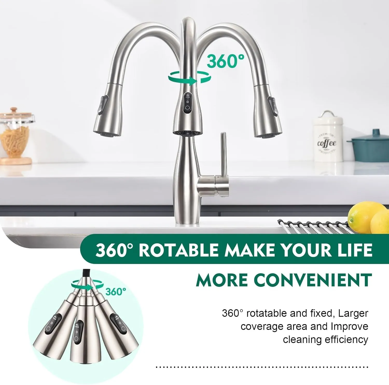 CREA Pull Down Kitchen Faucet with Sprayer 3 Modes,360°Swivel High Arc Kitchen Faucets Single Handle Brushed Nickel Stainless Steel 1 Hole Bar Sink Faucet RV Tap Uitility Laundry Faucet 3 Hole