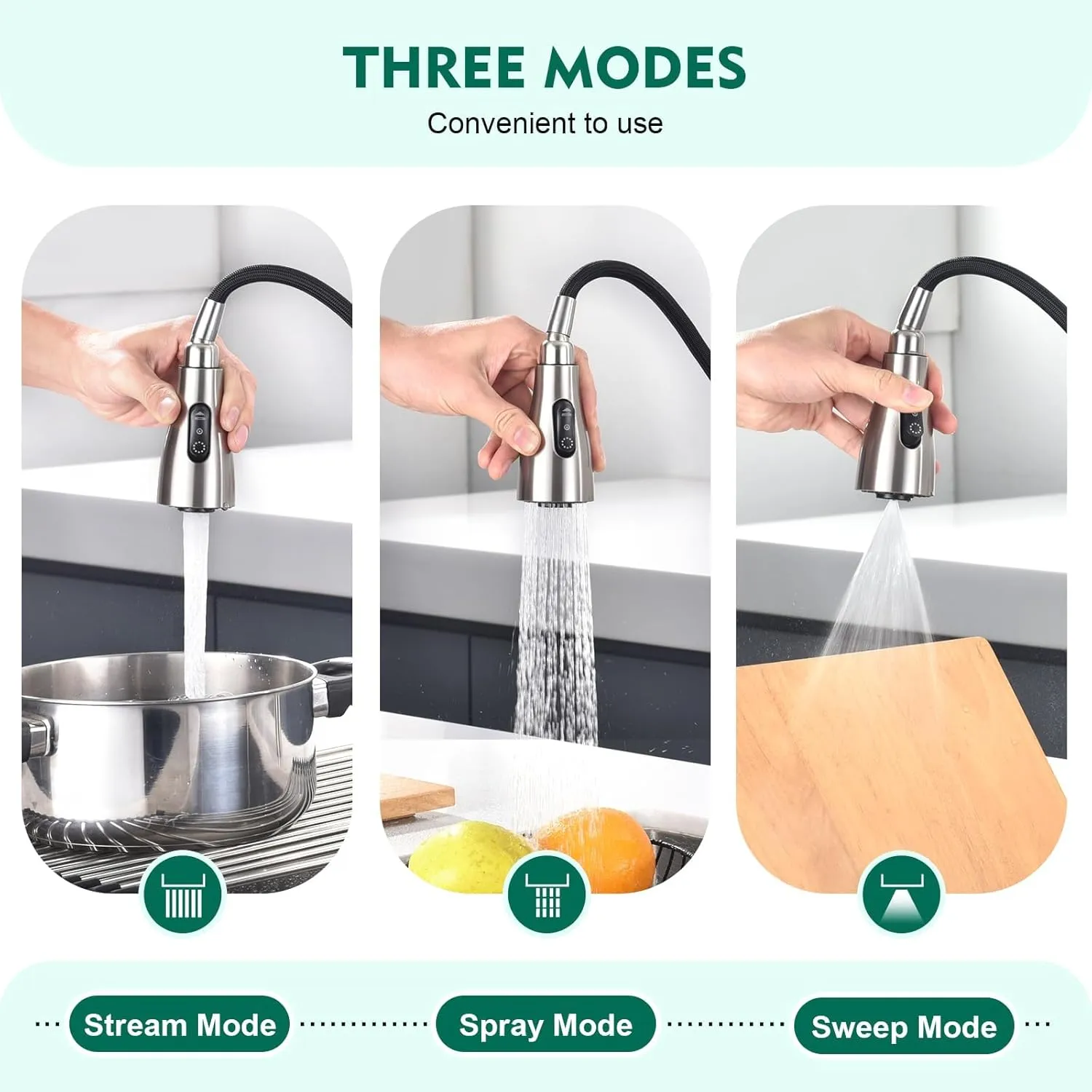 CREA Pull Down Kitchen Faucet with Sprayer 3 Modes,360°Swivel High Arc Kitchen Faucets Single Handle Brushed Nickel Stainless Steel 1 Hole Bar Sink Faucet RV Tap Uitility Laundry Faucet 3 Hole
