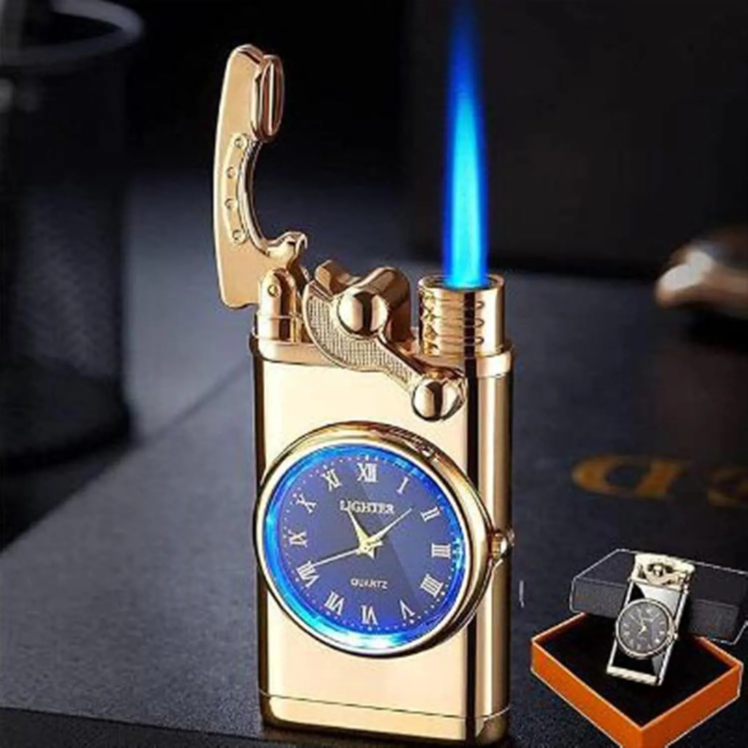 Creative Dial Rocker Arm Inflatable Lighter, Double Fire Switching Lighter, Portable Windproof Cool Clock Lighter, Gifts for Dad Men, for Grills, Camping, Without Butane Refillable ( Color : Black ice