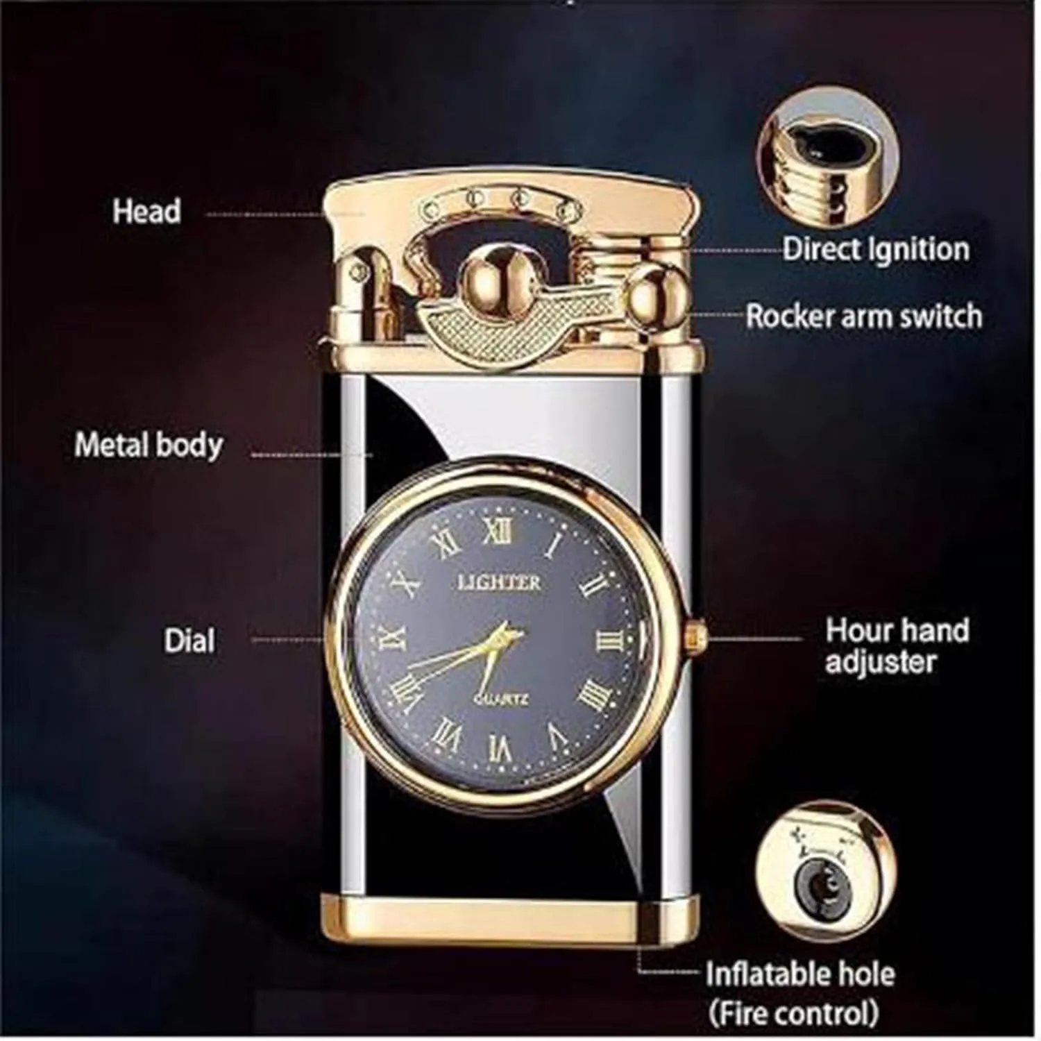 Creative Dial Rocker Arm Inflatable Lighter, Double Fire Switching Lighter, Portable Windproof Cool Clock Lighter, Gifts for Dad Men, for Grills, Camping, Without Butane Refillable ( Color : Black ice