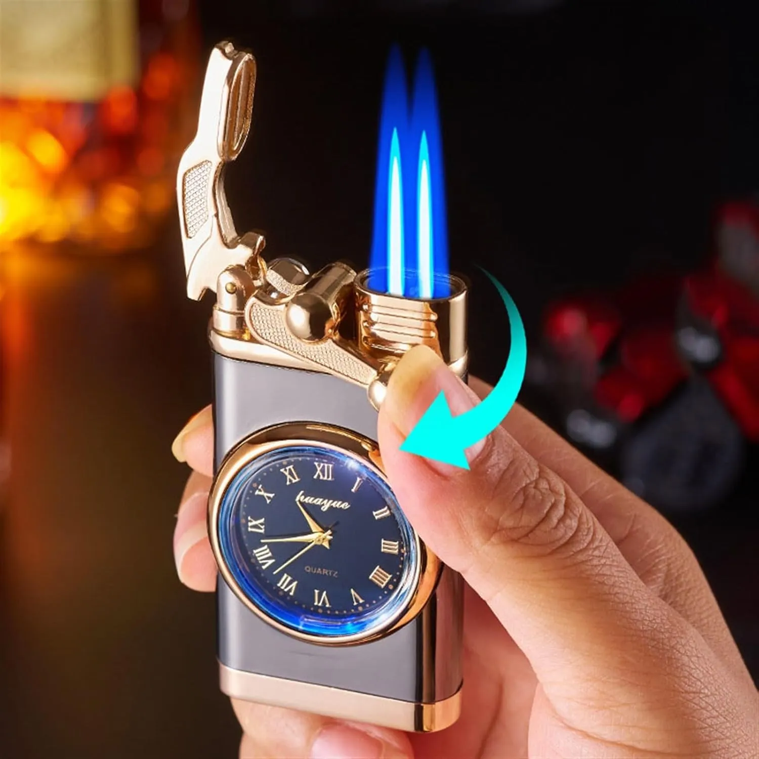 Creative Dial Rocker Arm Inflatable Lighter, Double Fire Switching Lighter, Portable Windproof Cool Clock Lighter, Gifts for Dad Men, for Grills, Camping, Without Butane Refillable ( Color : Black ice