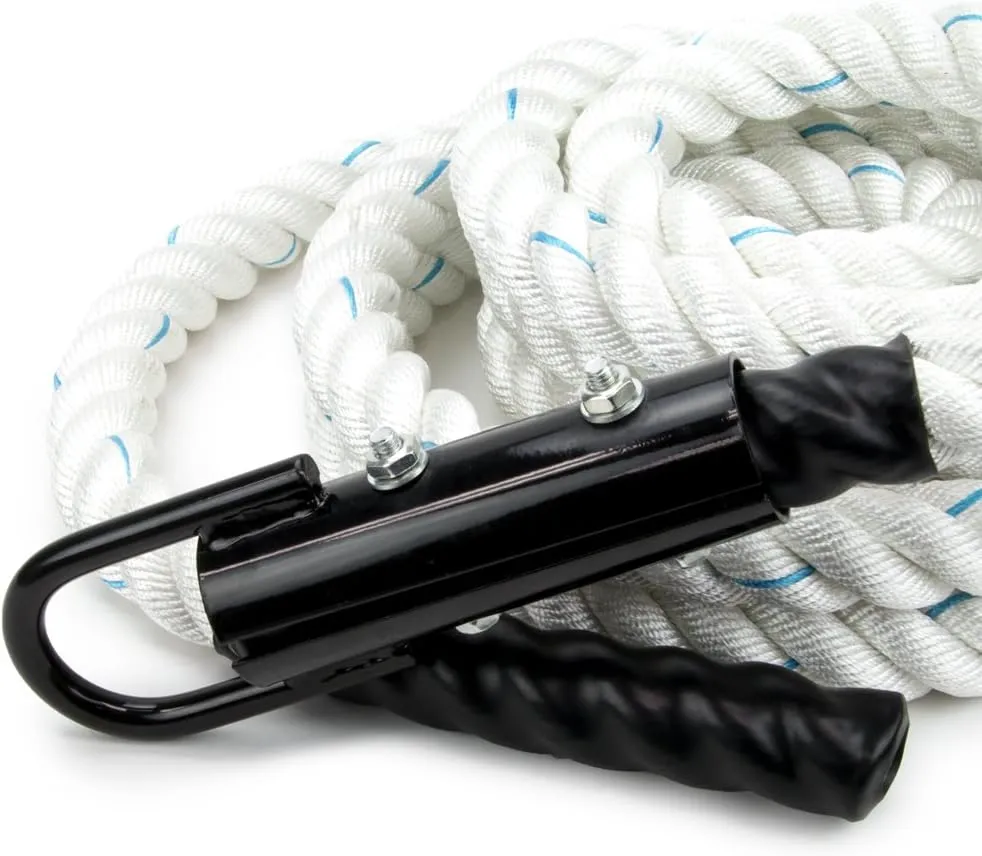 Crown Sporting Goods 1.5" Gym Climbing Rope for Adults - Poly Dacron Twist with Carabiner Eyehook - Strength Conditioning, Physical Education Fitness Equipment, Home Workout