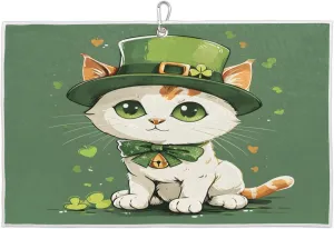 Cute Cat Lucky Straw Hat Golf Towel with Heavy Duty Carabiner Clip Quick Dry Ultra Absorbent Club Ball Cleaning Towel Golf Accessories for Men Women
