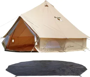 DANCHEL OUTDOOR 4 Season Canvas Bell Tent with 2 Stove Jack, Waterproof Footprint Tarp for 8 Person Yurts All Year Living,6m/20ft