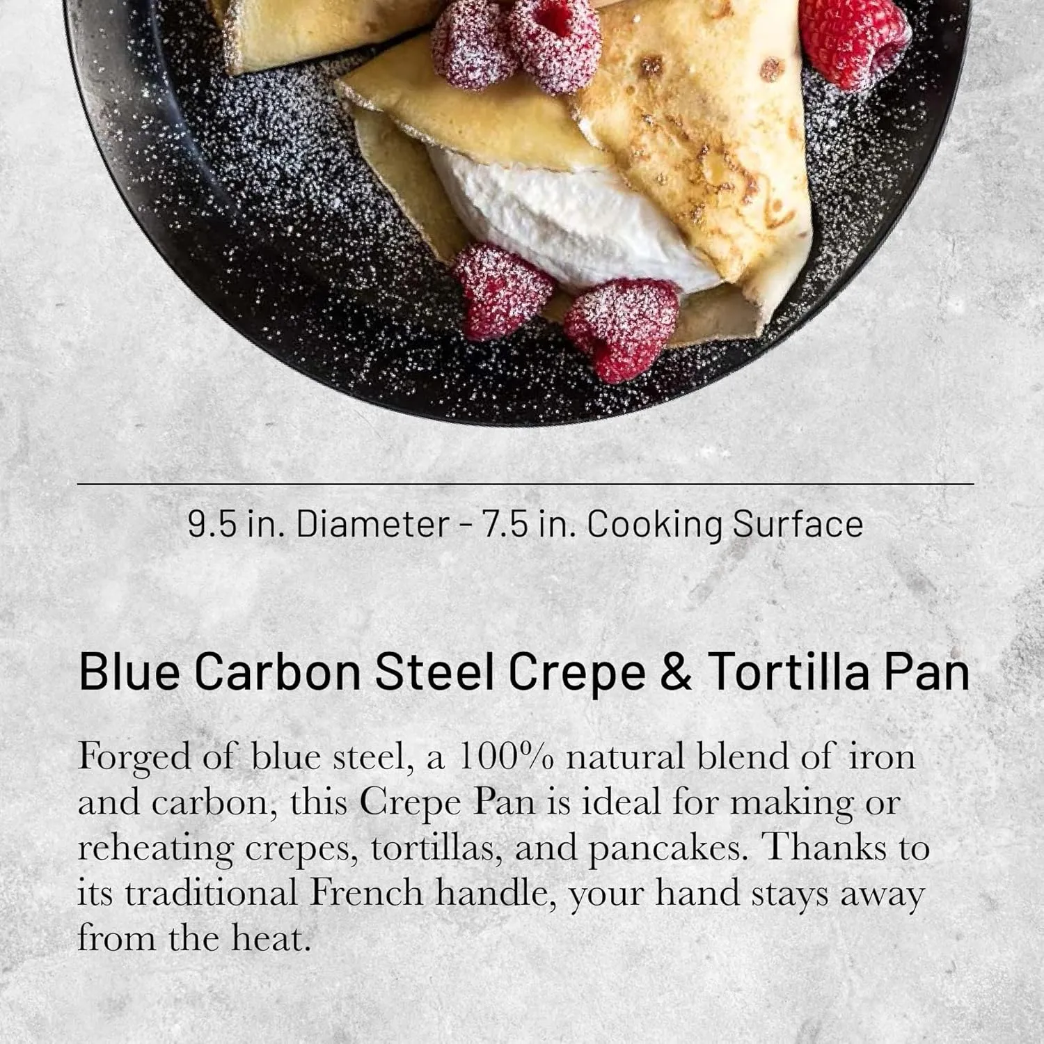De Buyer Blue Carbon Steel Crepe & Tortilla Pan - 9.5” Diameter, 7.5” Cooking Surface - Ideal for Making & Reheating Crepes, Tortillas & Pancakes - PFAS, PFOA & PFOS Free - Made in France