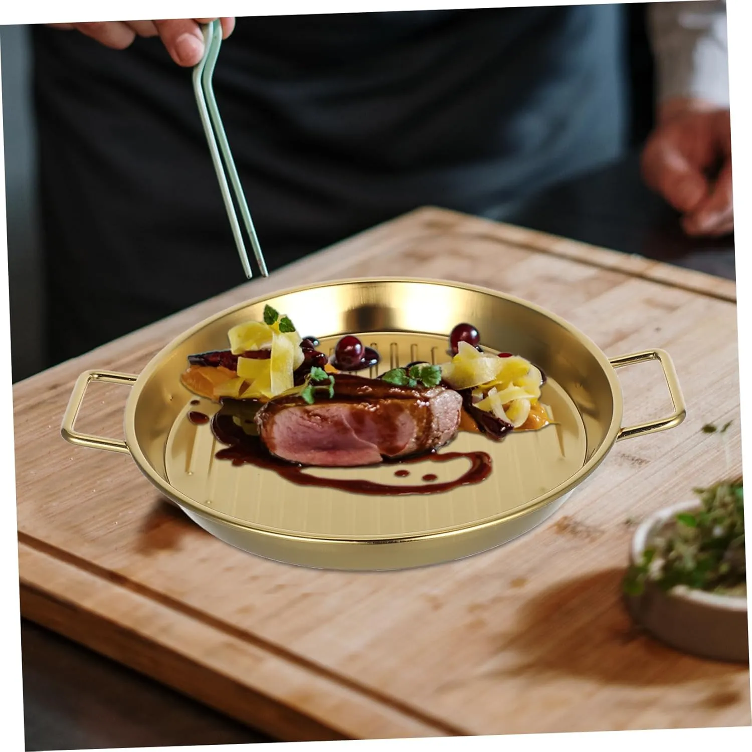 DECHOUS 20cm Stainless Steel Plate Grilled Meat Dish Seafood Platter Steak Dinner Plate Easy to Clean and Stackable for Camping