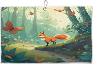 Deep Forest Fox Butterfly Golf Towel with Heavy Duty Carabiner Ultra Absorbent Quick Dry Perfect for Cleaning Clubs Balls Gear Essential Golf Accessory for Men Women Kids