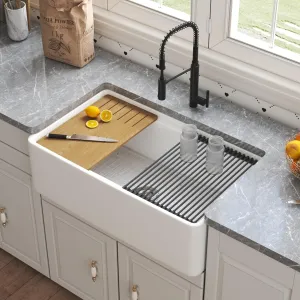 DeerValley 33 inch White Farmhouse Sink, Fireclay Farmhouse Kitchen Sink, Single Bowl Kitchen Sink, Front Apron Sink for Kitchen, Workstation Sink with Grid, Sink Strainer & Workstation Accessories