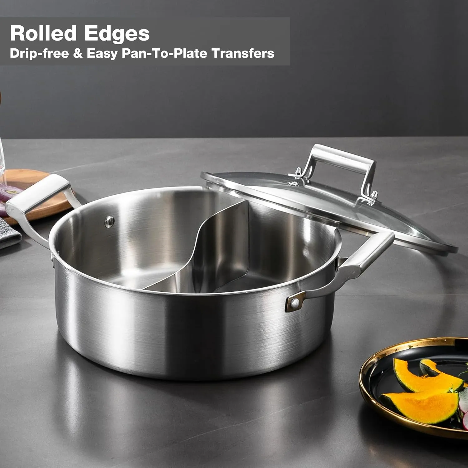 Delarlo Tri-Ply Stainless Steel 7QT Everyday Pan With Lid,Hot Pot,Induction Deep Cooking Pot, 7Quart Stock Pot Dishwasher and Oven Safe