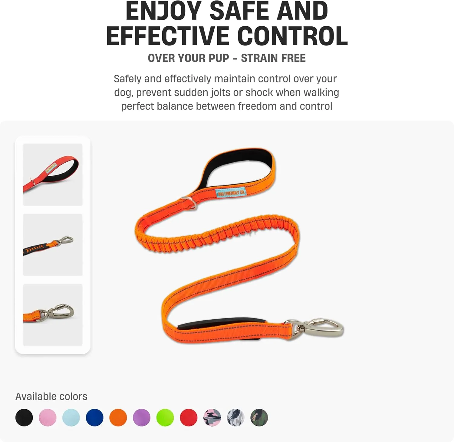 DF Co. Bungee Dog Leash | Strain Free & Shock Resistant for Control | Neoprene Padded Handle, Heavy-Duty Carabiner Clip, and D-Ring | Sky Blue, Size Regular