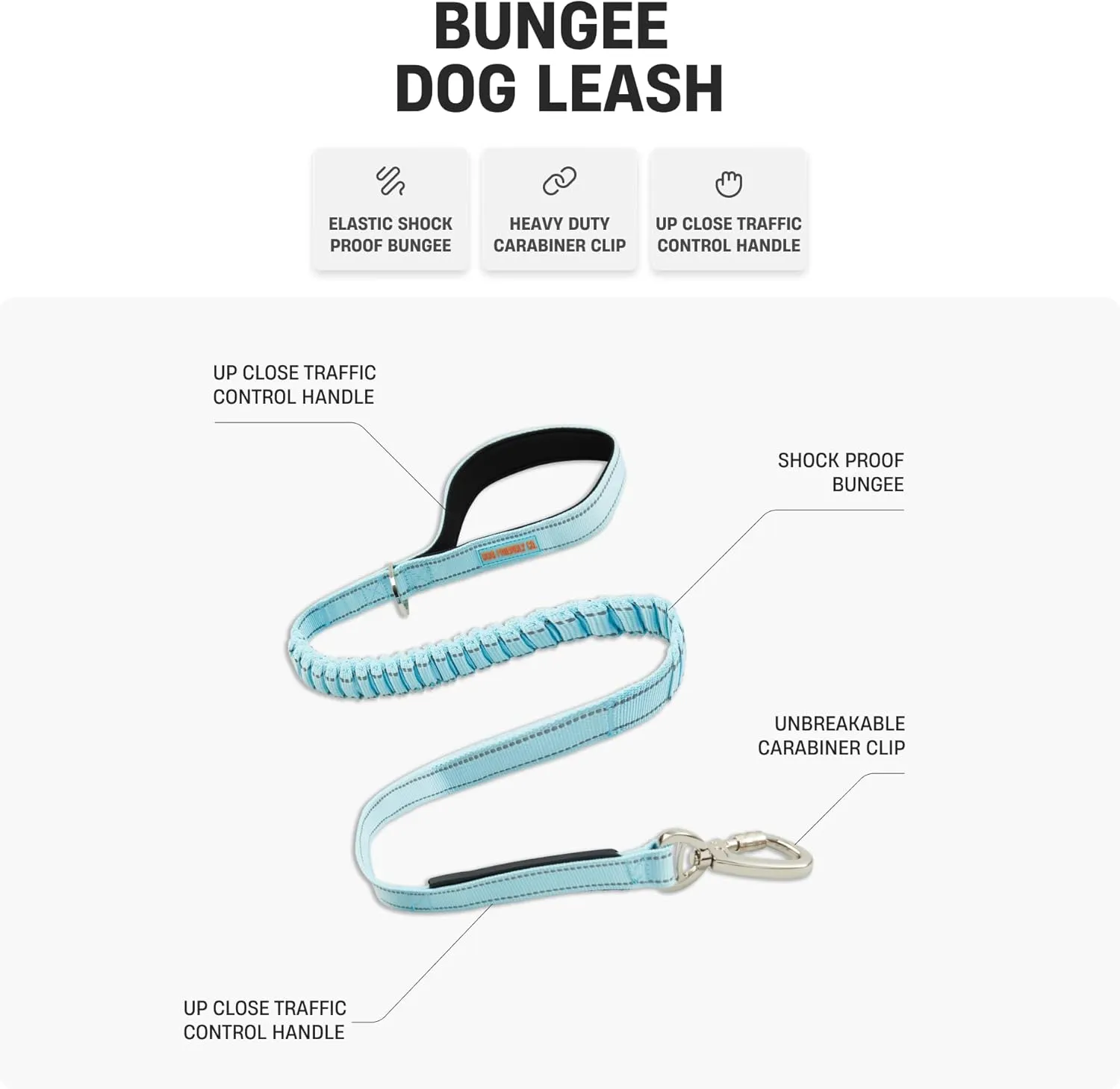 DF Co. Bungee Dog Leash | Strain Free & Shock Resistant for Control | Neoprene Padded Handle, Heavy-Duty Carabiner Clip, and D-Ring | Sky Blue, Size Regular