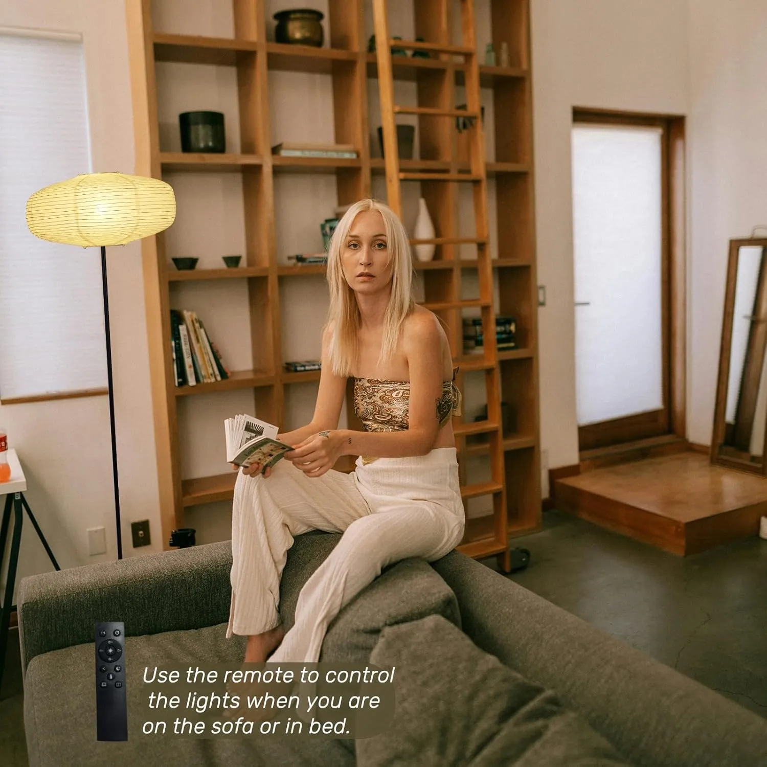 Dimmable Paper Floor Lamp, 58 Inch Tall Lamp for Living Room, White Rice Paper Lantern Lamp, Remote Modern Standing Floor Lamp Beside Sofa with Warm and Soft Lighting for Bedroom/Office
